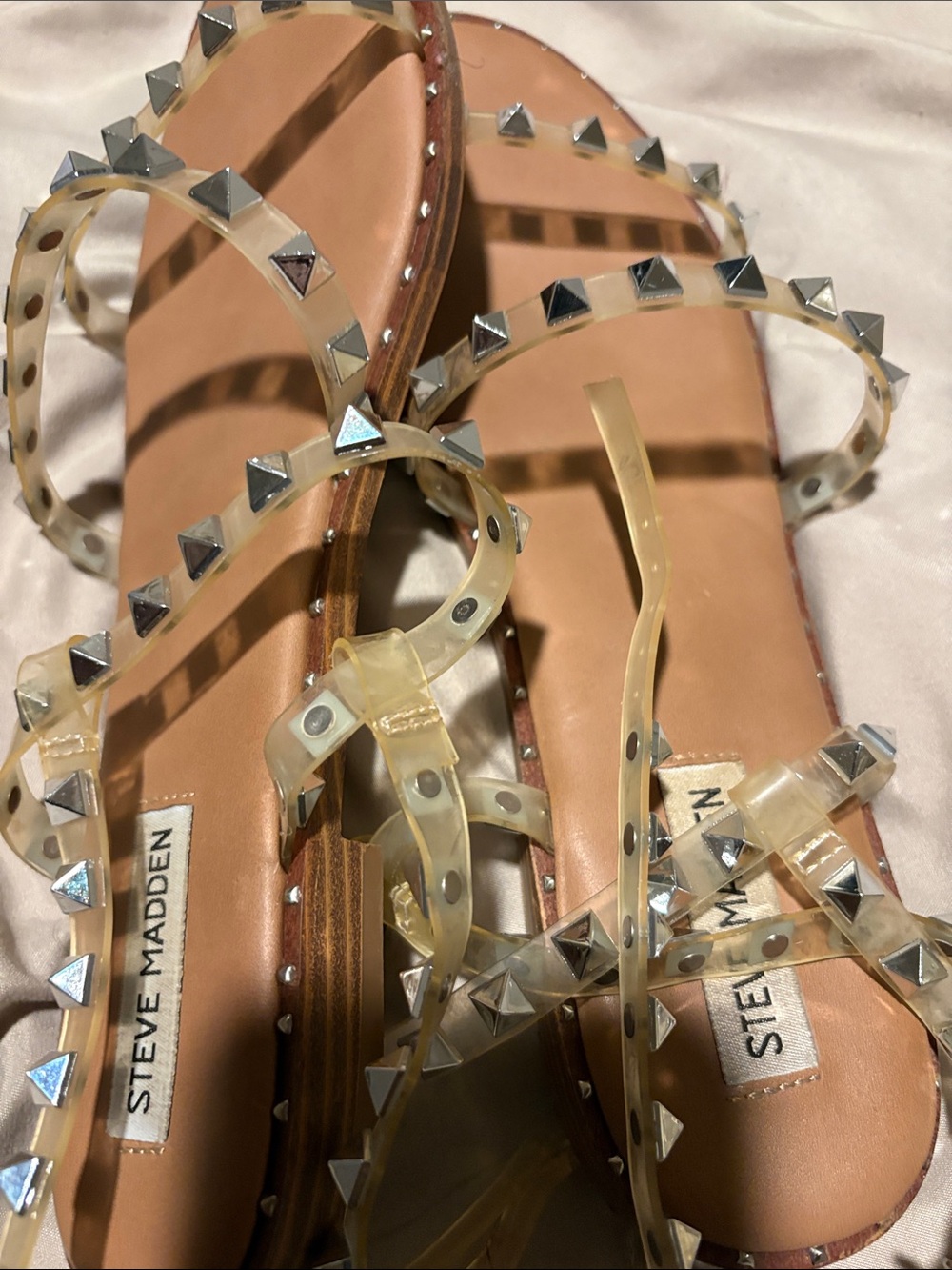Steve Madden Clear Pyramid-Stud Strappy Sandals with Tan Insole - Picture 4 of 4